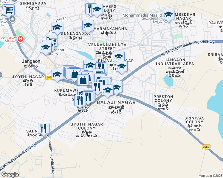 map of restaurants, bars, coffee shops, grocery stores, and more near Hyderabad - Warangal - Bhopalpatnam Highway in Jangaon