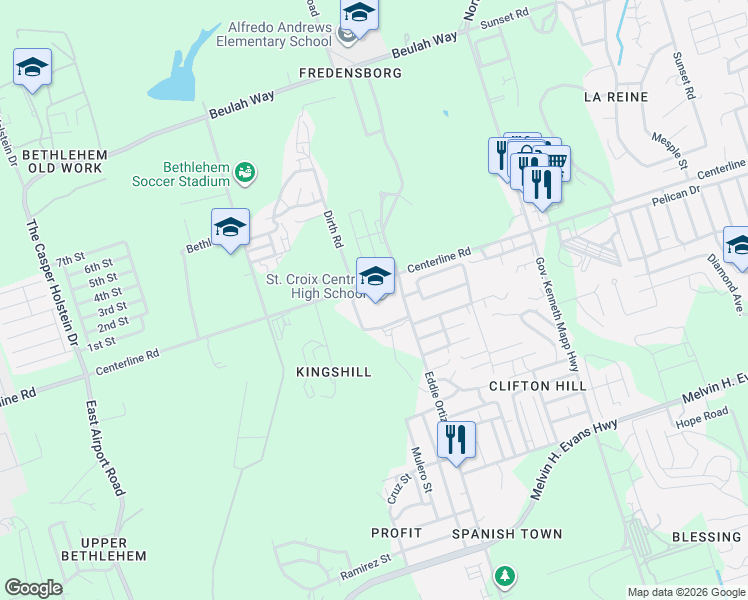 map of restaurants, bars, coffee shops, grocery stores, and more near Centerline Road in Northcentral
