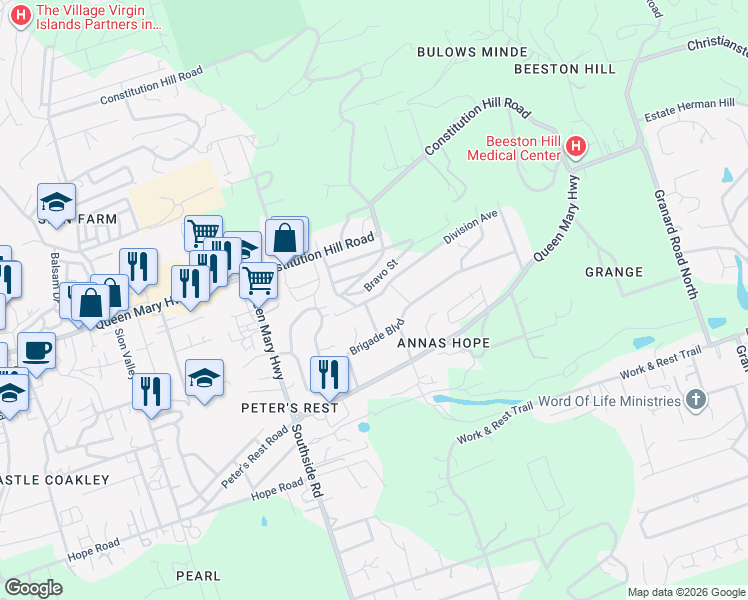 map of restaurants, bars, coffee shops, grocery stores, and more near 37 Division Avenue in Christiansted