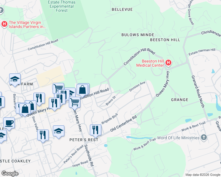 map of restaurants, bars, coffee shops, grocery stores, and more near Highway 708 in Sion Farm