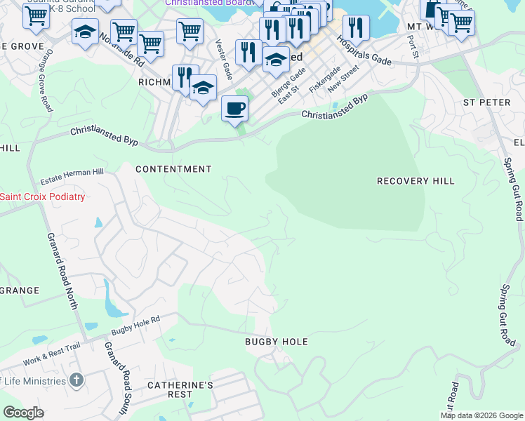 map of restaurants, bars, coffee shops, grocery stores, and more near Highway 70 in Christiansted