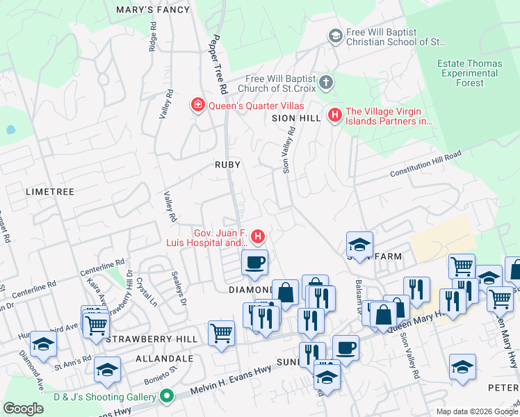 map of restaurants, bars, coffee shops, grocery stores, and more near in Christiansted
