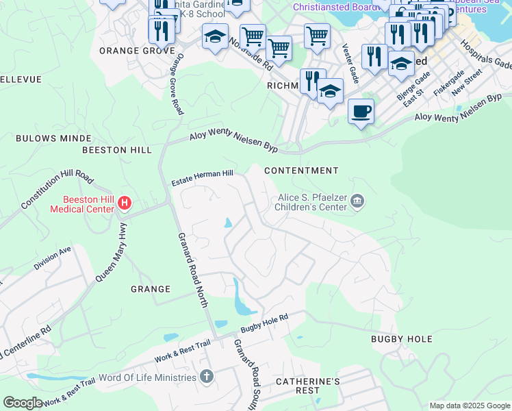 map of restaurants, bars, coffee shops, grocery stores, and more near 183 Estate Herman Hill in Christiansted