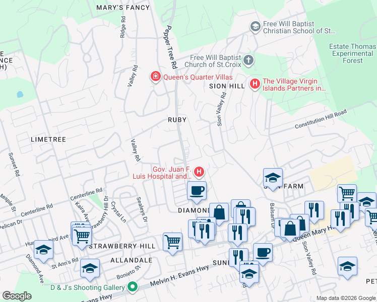 map of restaurants, bars, coffee shops, grocery stores, and more near in Christiansted