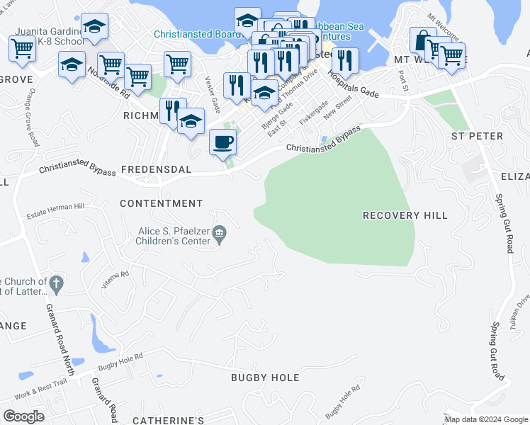 map of restaurants, bars, coffee shops, grocery stores, and more near Unnamed Road in Christiansted