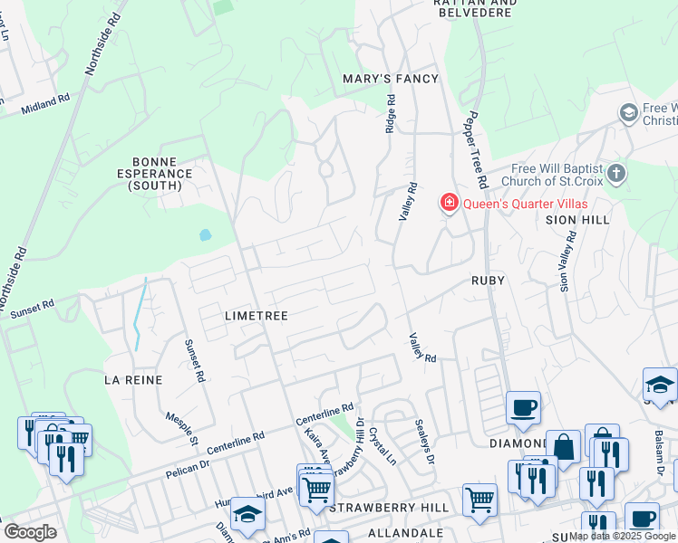 map of restaurants, bars, coffee shops, grocery stores, and more near Unnamed Road in Christiansted