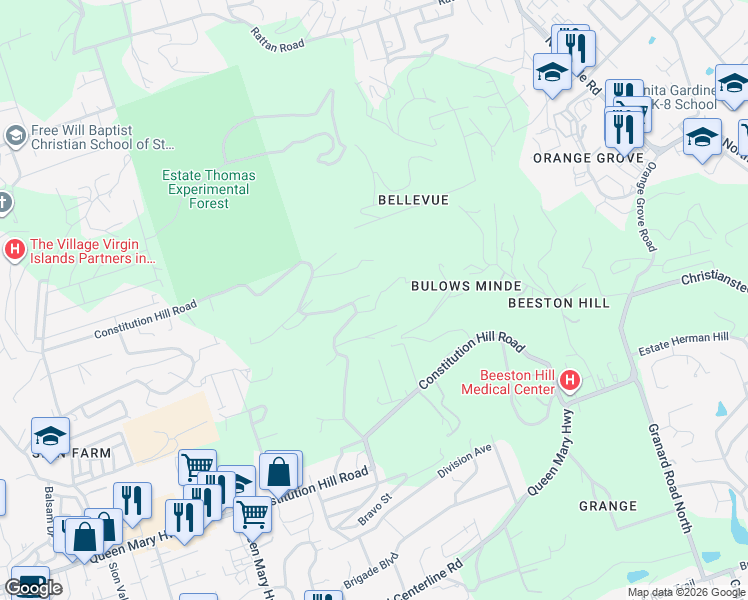 map of restaurants, bars, coffee shops, grocery stores, and more near Route 708 in Christiansted