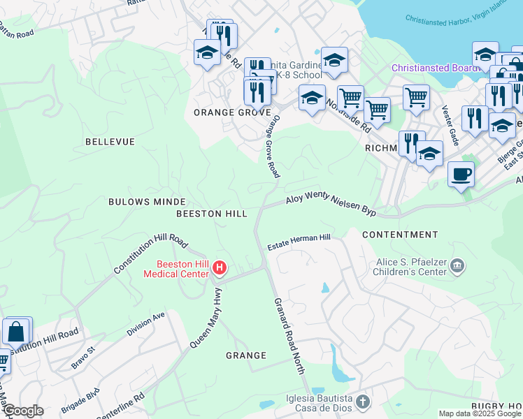 map of restaurants, bars, coffee shops, grocery stores, and more near Highway 70 in Christiansted