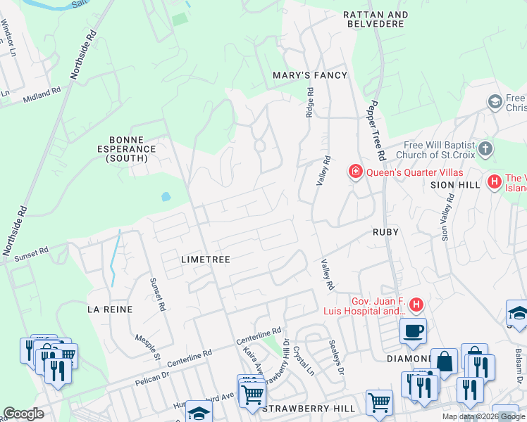 map of restaurants, bars, coffee shops, grocery stores, and more near Unnamed Road in Christiansted