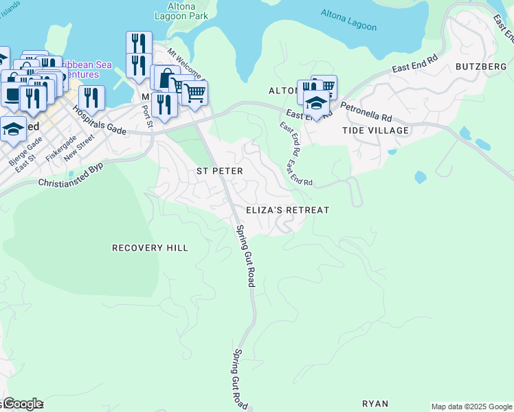 map of restaurants, bars, coffee shops, grocery stores, and more near 41 Mahogany Welcome in Christiansted
