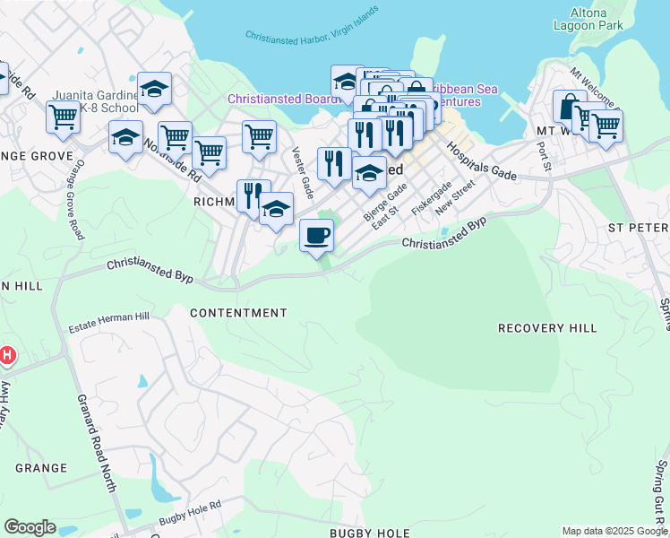 map of restaurants, bars, coffee shops, grocery stores, and more near West Street in Christiansted