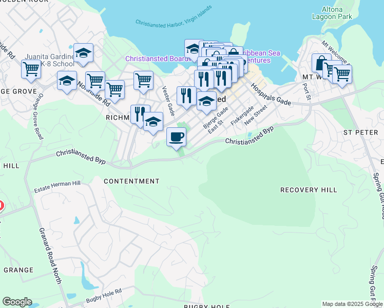 map of restaurants, bars, coffee shops, grocery stores, and more near Christiansted Bypass in Christiansted