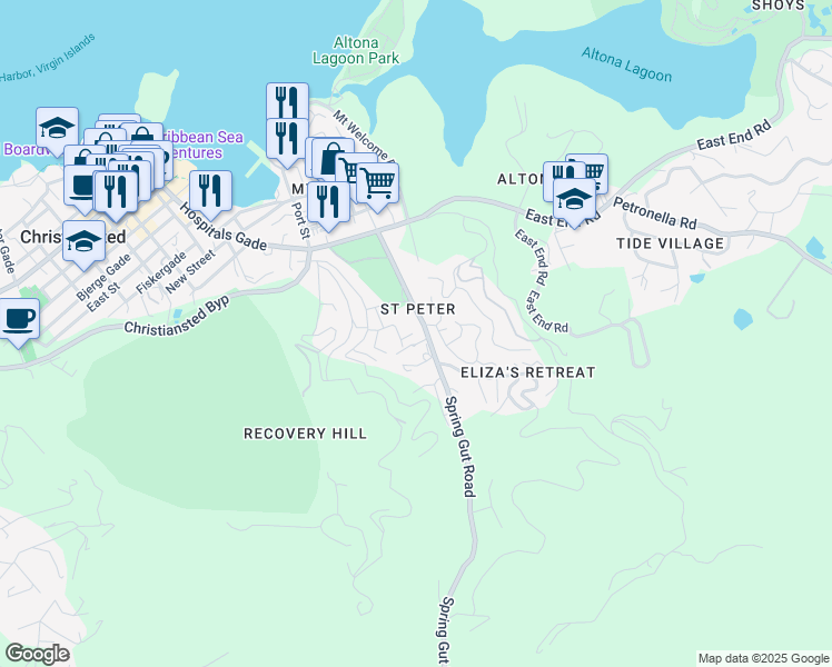map of restaurants, bars, coffee shops, grocery stores, and more near 41 Mahogany Welcome in Christiansted