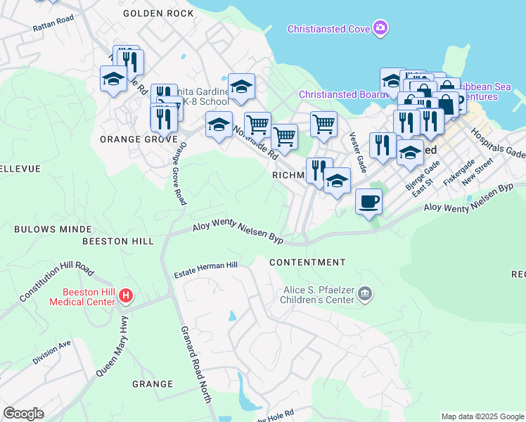 map of restaurants, bars, coffee shops, grocery stores, and more near Christiansted Bypass in Christiansted