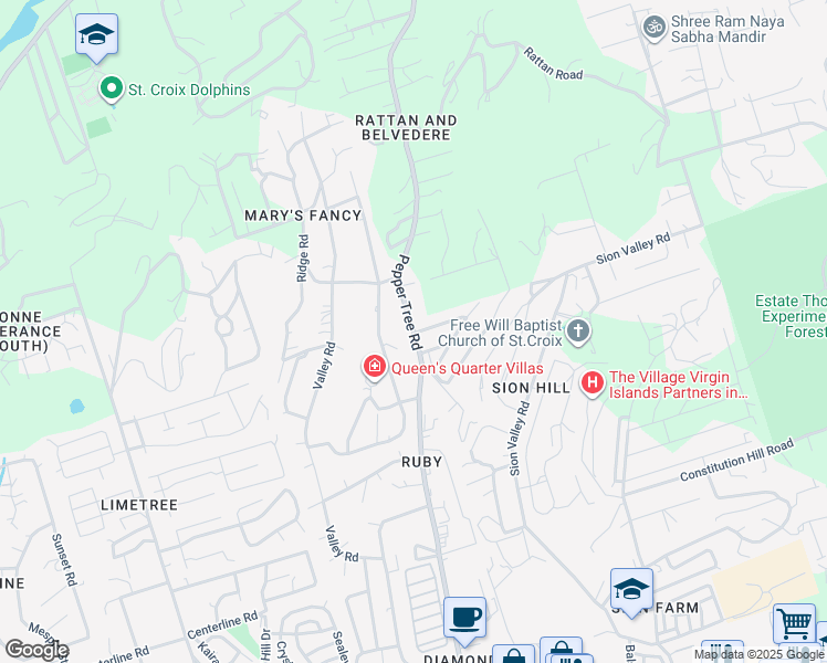 map of restaurants, bars, coffee shops, grocery stores, and more near Pepper Tree Road in Christiansted