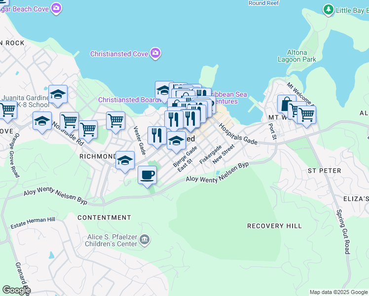 map of restaurants, bars, coffee shops, grocery stores, and more near in Christiansted