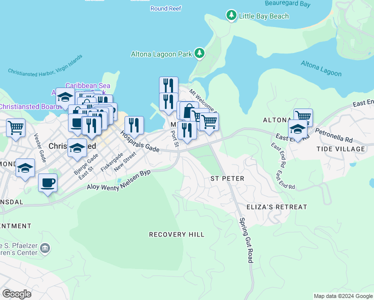 map of restaurants, bars, coffee shops, grocery stores, and more near East End Road in Christiansted