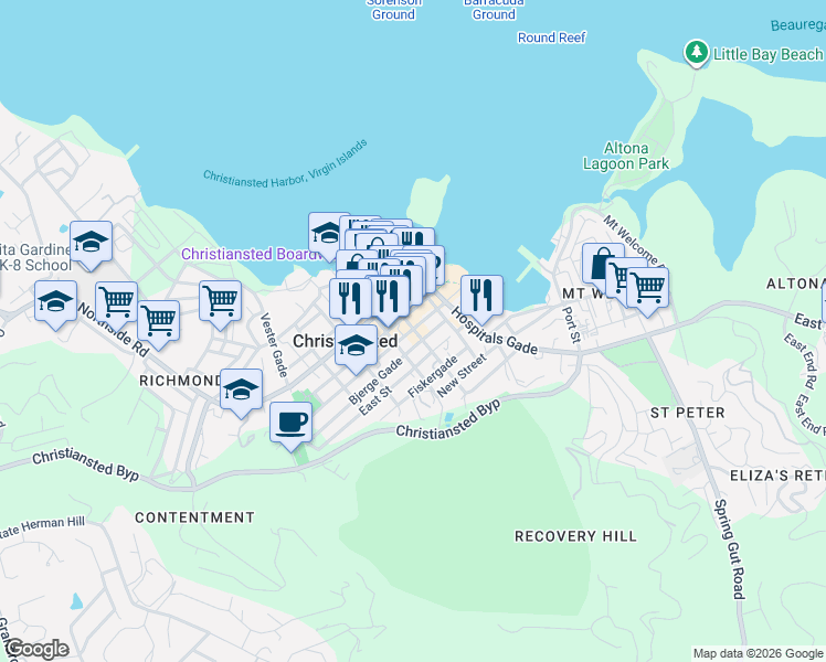 map of restaurants, bars, coffee shops, grocery stores, and more near 2119 Market Street in Christiansted