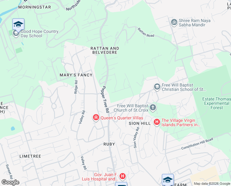 map of restaurants, bars, coffee shops, grocery stores, and more near 2 Rattan Road in Christiansted
