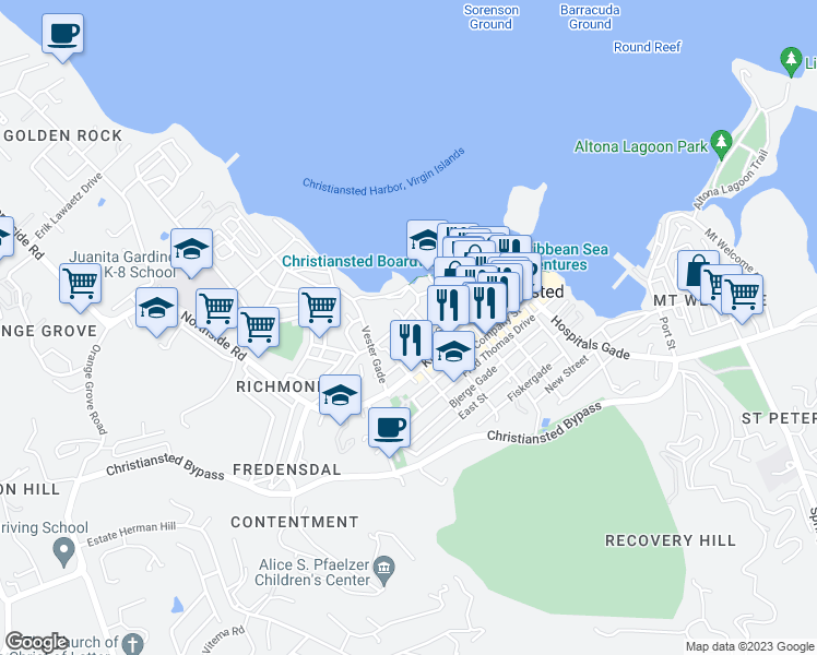 map of restaurants, bars, coffee shops, grocery stores, and more near North Street in Christiansted