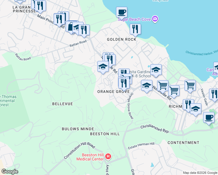 map of restaurants, bars, coffee shops, grocery stores, and more near in Christiansted