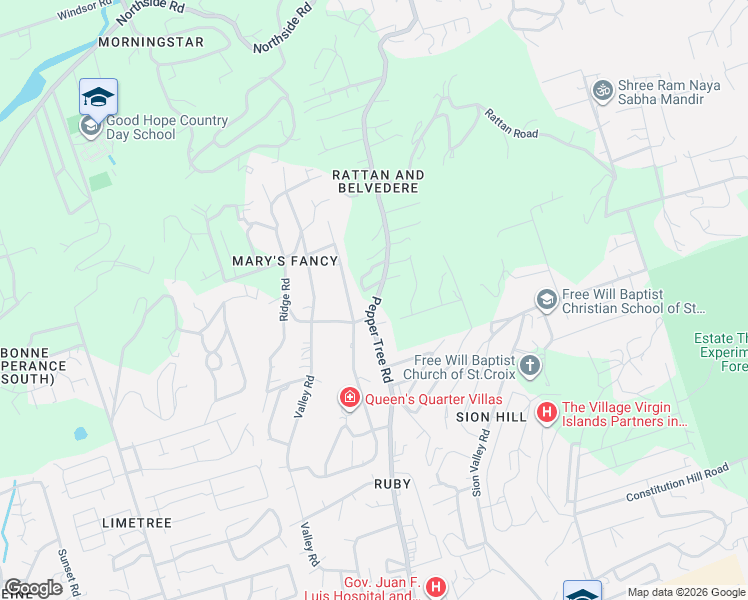 map of restaurants, bars, coffee shops, grocery stores, and more near Pepper Tree Road in Christiansted