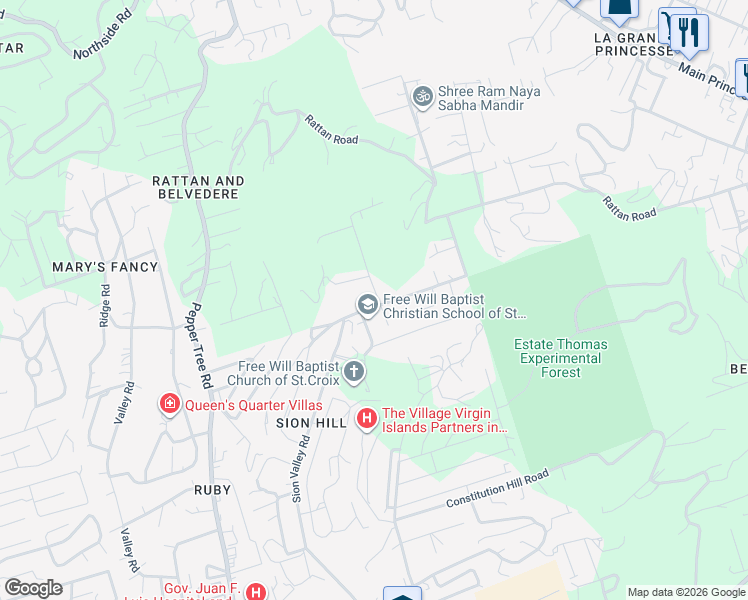 map of restaurants, bars, coffee shops, grocery stores, and more near 121 Route 81 in Christiansted