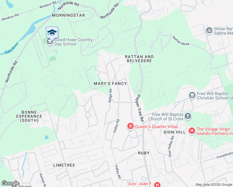 map of restaurants, bars, coffee shops, grocery stores, and more near 163 Valley Road in Christiansted