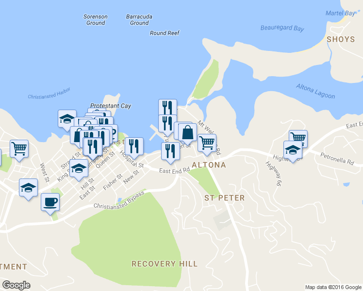 map of restaurants, bars, coffee shops, grocery stores, and more near Garden Street in Christiansted