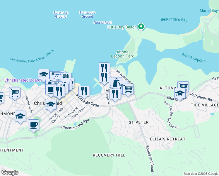 map of restaurants, bars, coffee shops, grocery stores, and more near 13 Garden Street in Christiansted