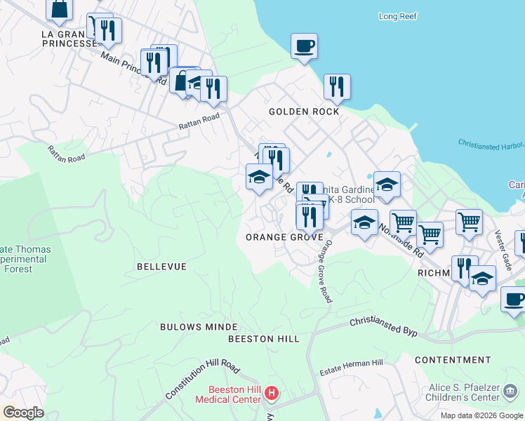 map of restaurants, bars, coffee shops, grocery stores, and more near Northside Road in Christiansted