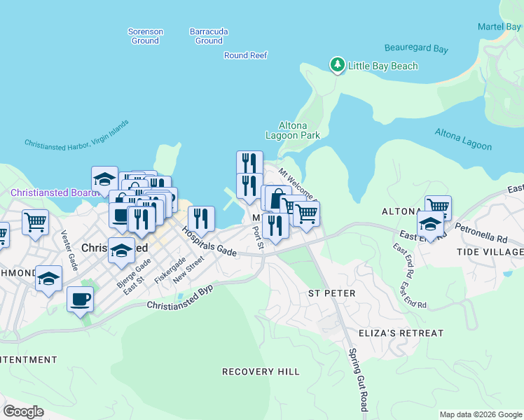 map of restaurants, bars, coffee shops, grocery stores, and more near 13 Garden Street in Christiansted
