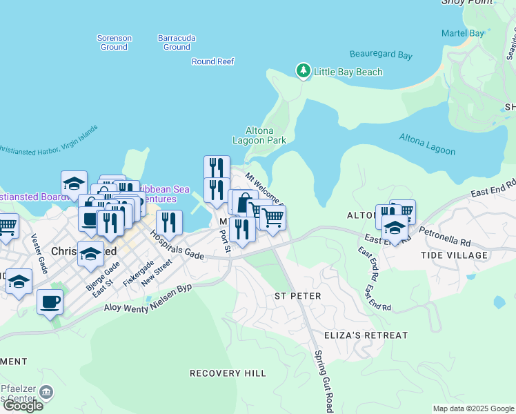 map of restaurants, bars, coffee shops, grocery stores, and more near Garden Street in Christiansted