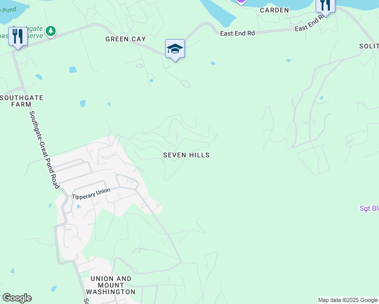 map of restaurants, bars, coffee shops, grocery stores, and more near East End Road in Christiansted