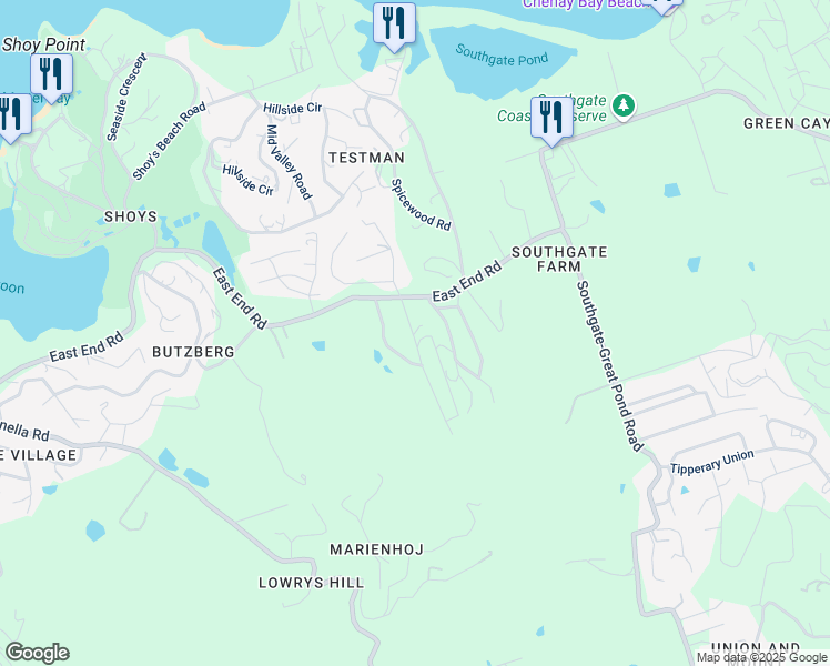 map of restaurants, bars, coffee shops, grocery stores, and more near East End Road in Christiansted