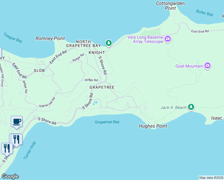 map of restaurants, bars, coffee shops, grocery stores, and more near Sugar Bird Road in Christiansted