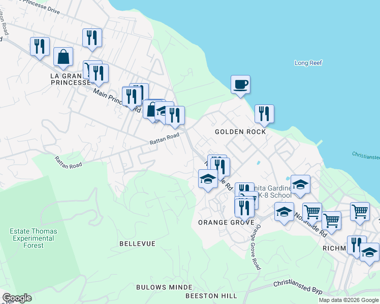 map of restaurants, bars, coffee shops, grocery stores, and more near Northside Road in Christiansted