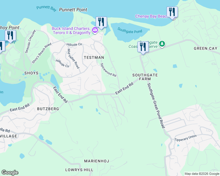 map of restaurants, bars, coffee shops, grocery stores, and more near East End Road in Christiansted