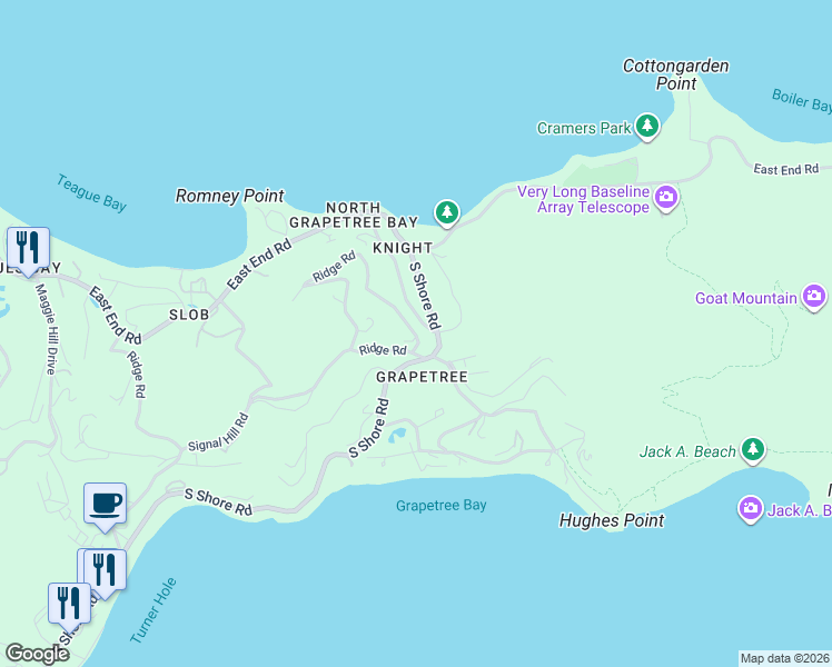 map of restaurants, bars, coffee shops, grocery stores, and more near South Shore Road in Christiansted
