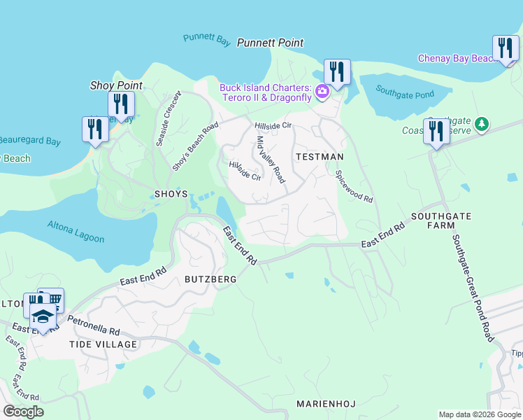 map of restaurants, bars, coffee shops, grocery stores, and more near East End Road in Christiansted