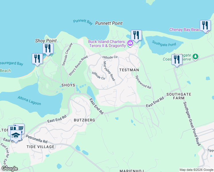 map of restaurants, bars, coffee shops, grocery stores, and more near East End Road in Christiansted