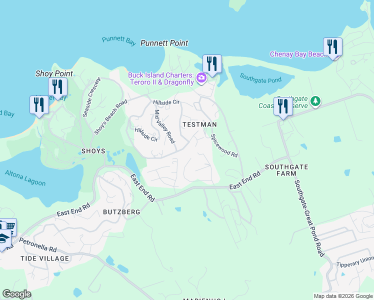 map of restaurants, bars, coffee shops, grocery stores, and more near East End Road in Christiansted