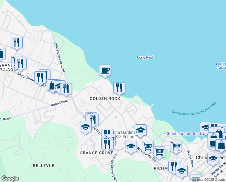 map of restaurants, bars, coffee shops, grocery stores, and more near 3245 Estate Golden Rock in Christiansted