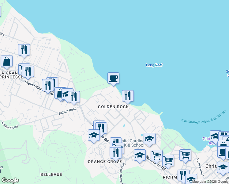 map of restaurants, bars, coffee shops, grocery stores, and more near 3220 Estate Golden Rock in Christiansted