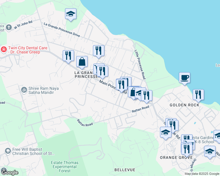map of restaurants, bars, coffee shops, grocery stores, and more near 14 Main Princess Road in Christiansted