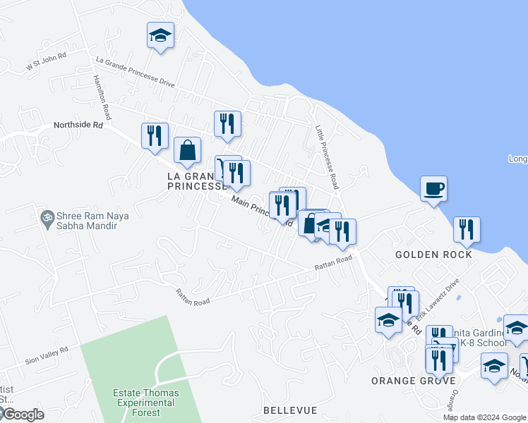 map of restaurants, bars, coffee shops, grocery stores, and more near 14 Main Princess Road in Christiansted