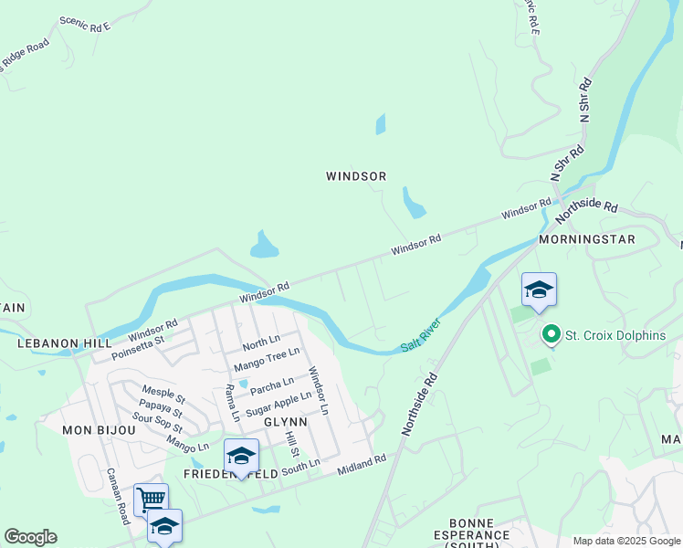 map of restaurants, bars, coffee shops, grocery stores, and more near Windsor Road in Christiansted