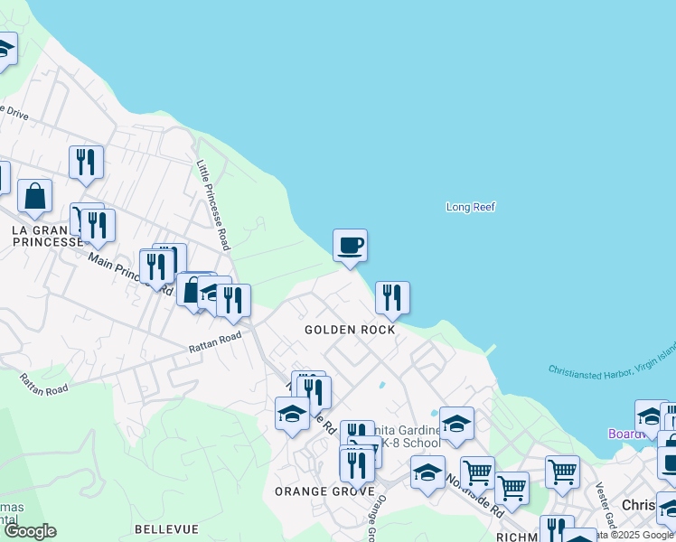 map of restaurants, bars, coffee shops, grocery stores, and more near 3013 Estate Golden Rock in Christiansted