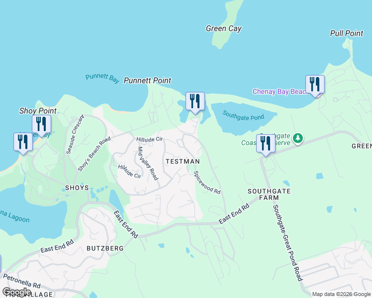 map of restaurants, bars, coffee shops, grocery stores, and more near 24 Spicewood Road in Christiansted