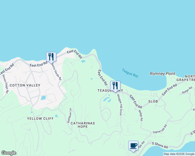 map of restaurants, bars, coffee shops, grocery stores, and more near East End Road in Christiansted